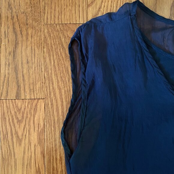 100% Silk Sheer Navy Blue Short Sleeve Blouse Loose Fitting Scoop Neck Billowing - Picture 8 of 11